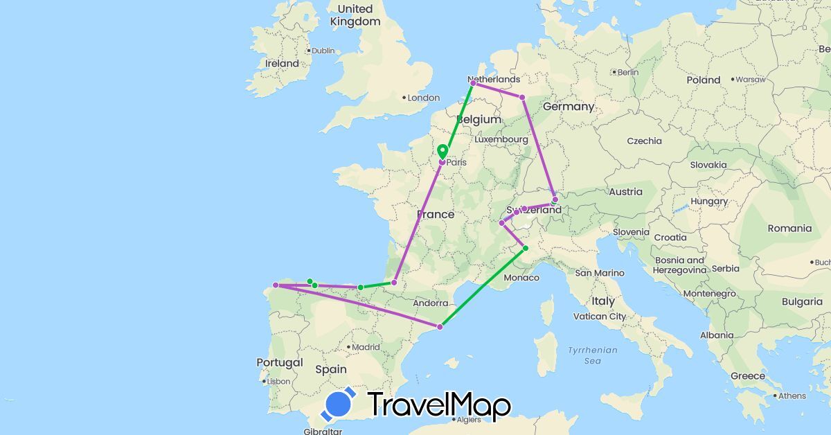 TravelMap itinerary: driving, bus, train in Austria, Switzerland, Germany, Spain, France, Italy, Liechtenstein, Netherlands (Europe)